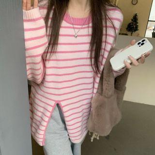 Slit-hem Striped Sweater Stripe - Pink - One Size