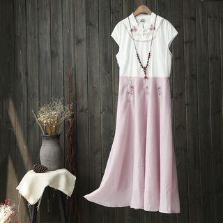 Cap-sleeve Embroidery Long Dress