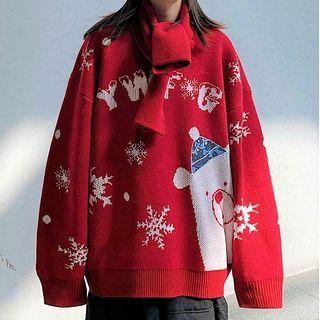 Set: Couple Matching Christmas Print Sweater + Scarf