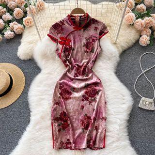 Flower Print Velvet Short-sleeve Qipao