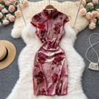 Flower Print Velvet Short-sleeve Qipao