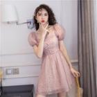 Puff-sleeve Floral Mesh A-line Mini Dress