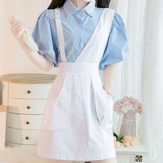 Set: Elbow-sleeve Shirt + Asymmetric Mini A-line Pinafore Dress