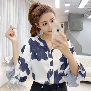 Elbow-sleeve Floral Print Frill Trim Shirt