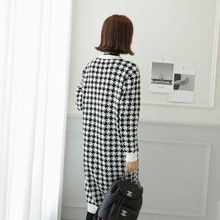 V-neck Houndstooth Long Cardigan Ivory - One Size