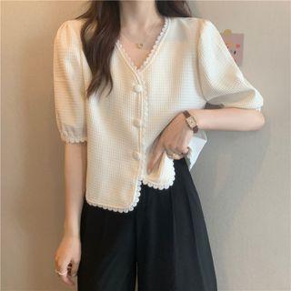 Lace Trim Waffle Crop Shirt