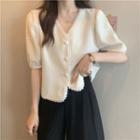 Lace Trim Waffle Crop Shirt