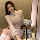 Long-sleeve Mock-neck Lace Top / Bow Accent Fluffy Mini Overall Dress