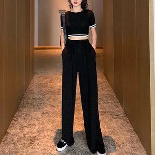 Short-sleeve Contrast Trim Cropped Top / Wide-leg Pants