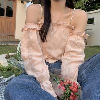 Cold-shoulder Faux Pearl Strap Asymmetrical Blouse