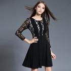 Gathered-waist Long-sleeved A-line Panel Lace Sheath Dress