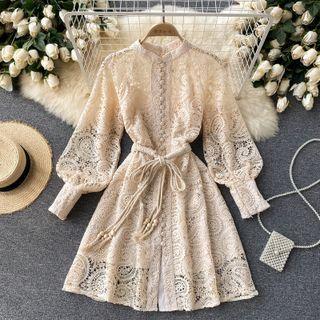 Stand-collar Lace Cutout Long-sleeve Dress