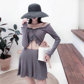 Set: Long-sleeve Drawstring Rashguard + Bikini Bottom + Swim Skirt