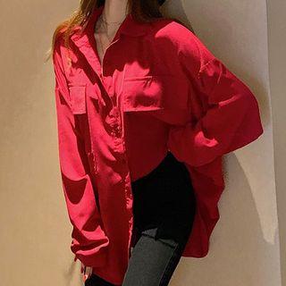 Front Pocket Button-down Chiffon Blouse