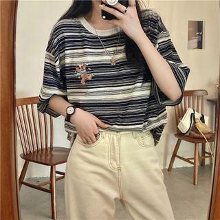 Short-sleeve Embroidered Stripped T-shirt