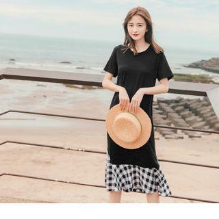 Short Sleeve Plaid Panel Mock Two Piece Dress