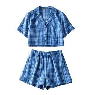Plaid Short-sleeve Cropped Blouse / Wide-leg Shorts
