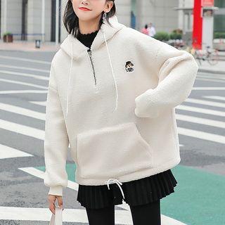 Faux Shearling Dog Embroidered Hoodie