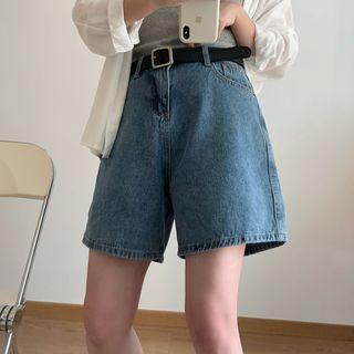 High-waist A-line Washed Denim Shorts