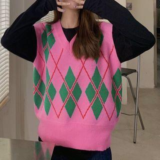 Argyle Knit Vest Pink - One Size