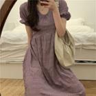 Short-sleeve Shirred A-line Dress Purple - One Size