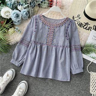 Elbow-sleeve Embroidered Blouse Dark Blue - One Size