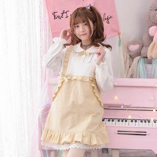 Frill Trim Color Panel Long Sleeve Collared Dress