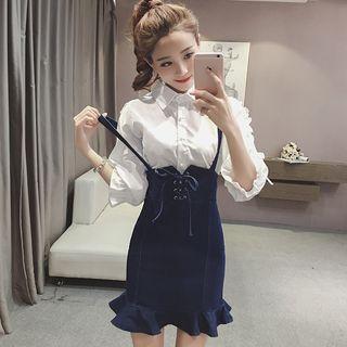 Set : Lace Pearl Shirt + Denim Jumper Skirt