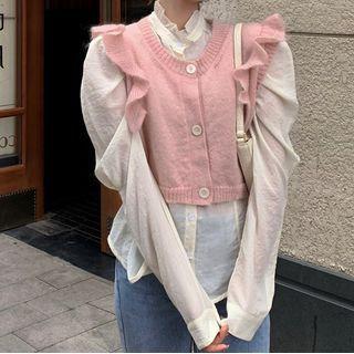 Ruffle Trim Cropped Sweater Vest / Long-sleeve Blouse