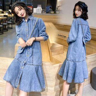 Ruffle Hem Long-sleeve Denim Shirtdress
