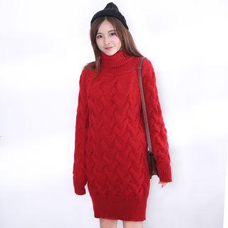 Plain Turtleneck Cable Knit Long Sleeve Dress