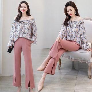 Set: Long-sleeve Off-shoulder Top + Dress Pants