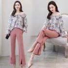 Set: Long-sleeve Off-shoulder Top + Dress Pants