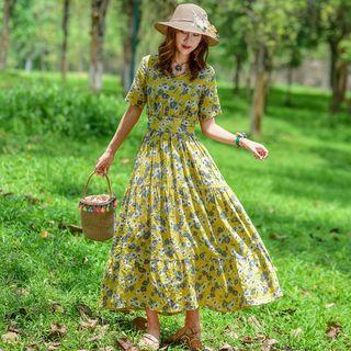 Flower Print Short-sleeve Maxi A-line Dress