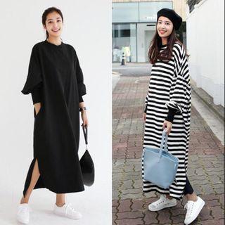Side-slit Long-sleeve Maxi Shift Dress