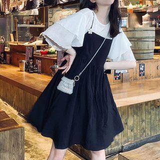 Set: Elbow-sleeve Top + Mini Pinafore Dress
