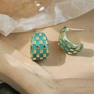 Checkered Drop Earring 1 Pair - Green & Silver - One Size