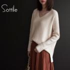 Dolman-sleeve Loose-fit V-neck Plain Knitted Sweater