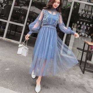Lantern-sleeve Midi Mesh Dress