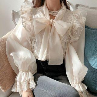 Bell-sleeve Ruffled Ribbon Blouse White - One Size