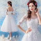 Flower Embellished Elbow-sleeve Midi Wedding Dress