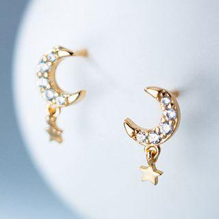 Moon & Star Rhinestone Sterling Silver Dangle Earring