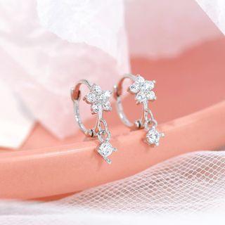 925 Sterling Silver Rhinestone Flower Earring 1 Pair - Flower - One Size