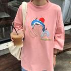 3/4-sleeve Dolphin Embroidered T-shirt