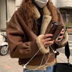 Faux Suede Fleece-lined Biker Jacket Khaki - One Size