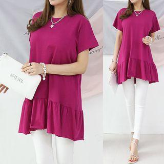 Frill-hem Colored Long T-shirt