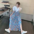 Puff-sleeve Wide-collar Blouse / Floral Print Maxi A-line Overall Dress