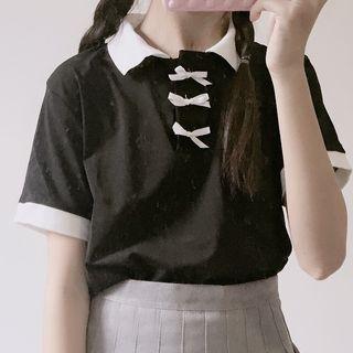 Contrast Collar Bow Detail Short-sleeve Polo Shirt