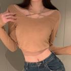 Long-sleeve Strappy Crop Top Khaki - One Size