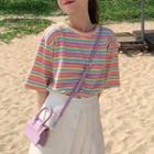 Round-neck Short-sleeve Striped Top Pink - One Size